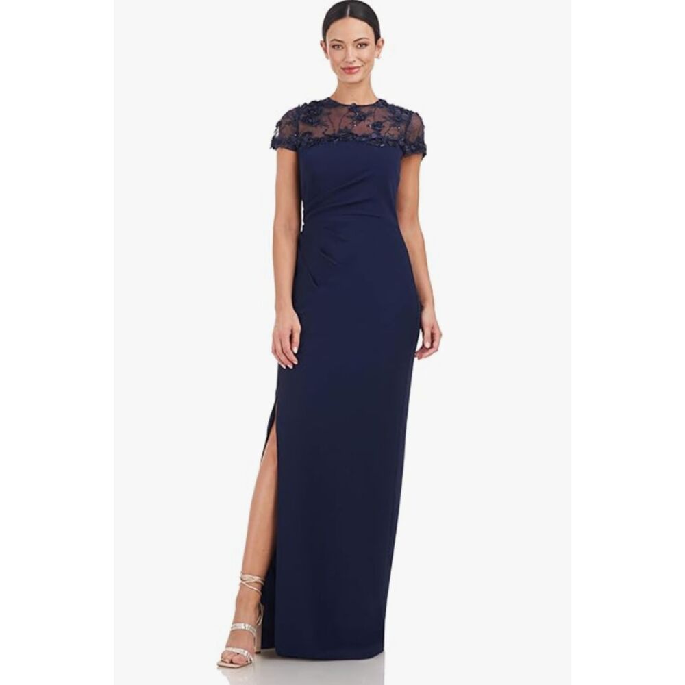 EUC J S Collections Laney Soutache Yoke Navy Maxy Slit Lined Gown Dress Sz 4